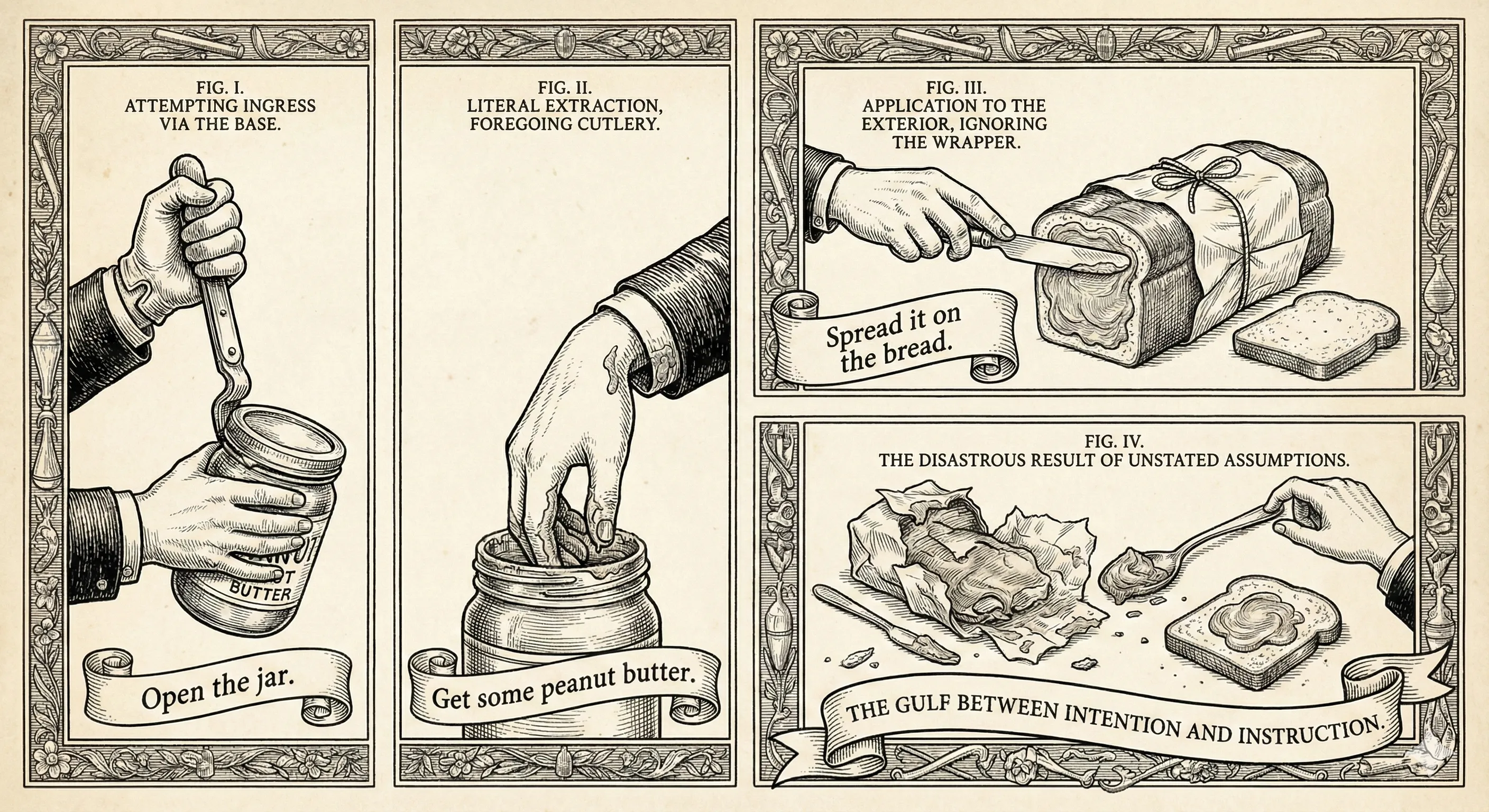 A literal interpretation of peanut butter sandwich instructions