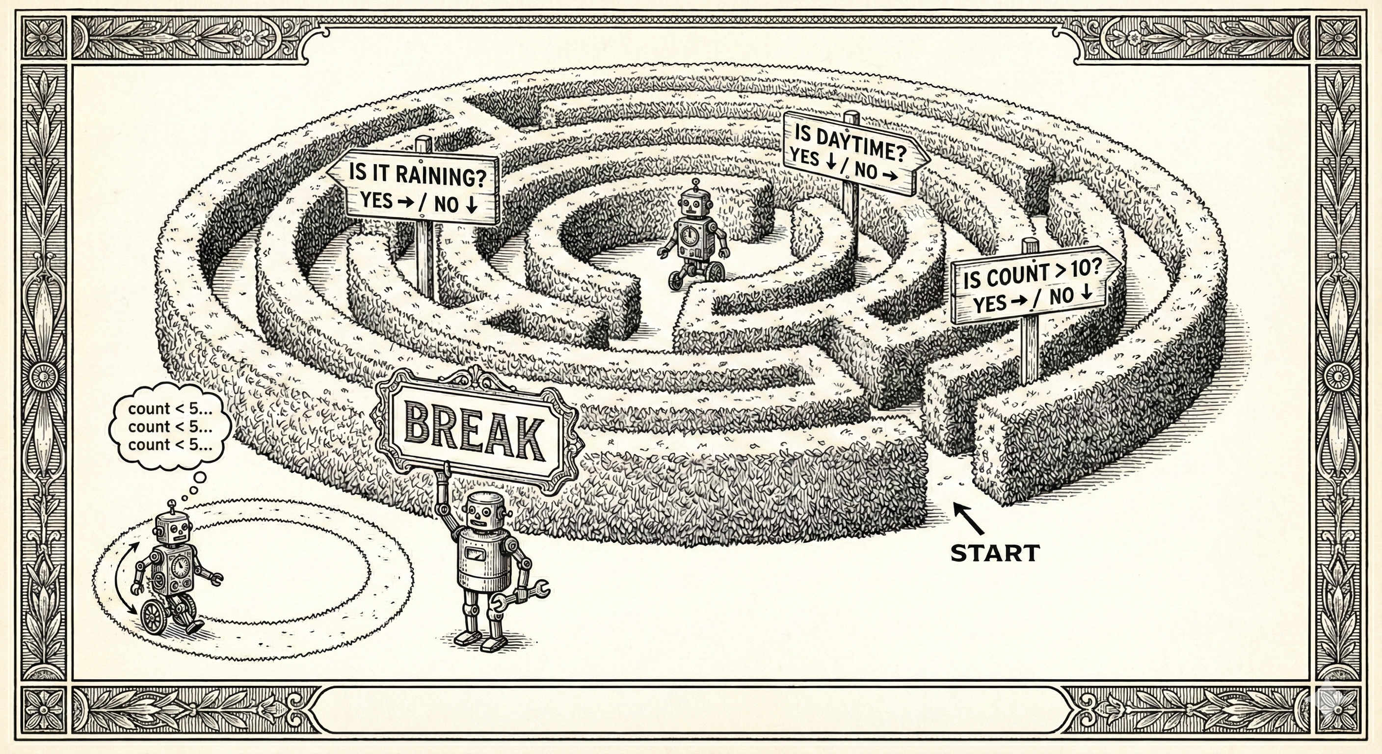 A robot navigating a maze with conditional branches (IS IT RAINING?, IS DAYTIME?, IS COUNT > 10?) and a BREAK exit, illustrating how loops work with decisions and early exits